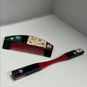 Vintage Japanese Wooden Kushi Comb & Makie Hair Ornament Set